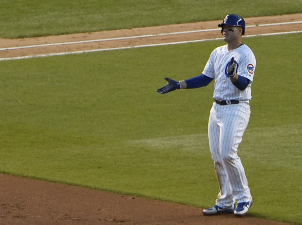 The Cubs' Anthony Rizzo celebrates his eighth-inning RBI single, which turned out to be the game winner.