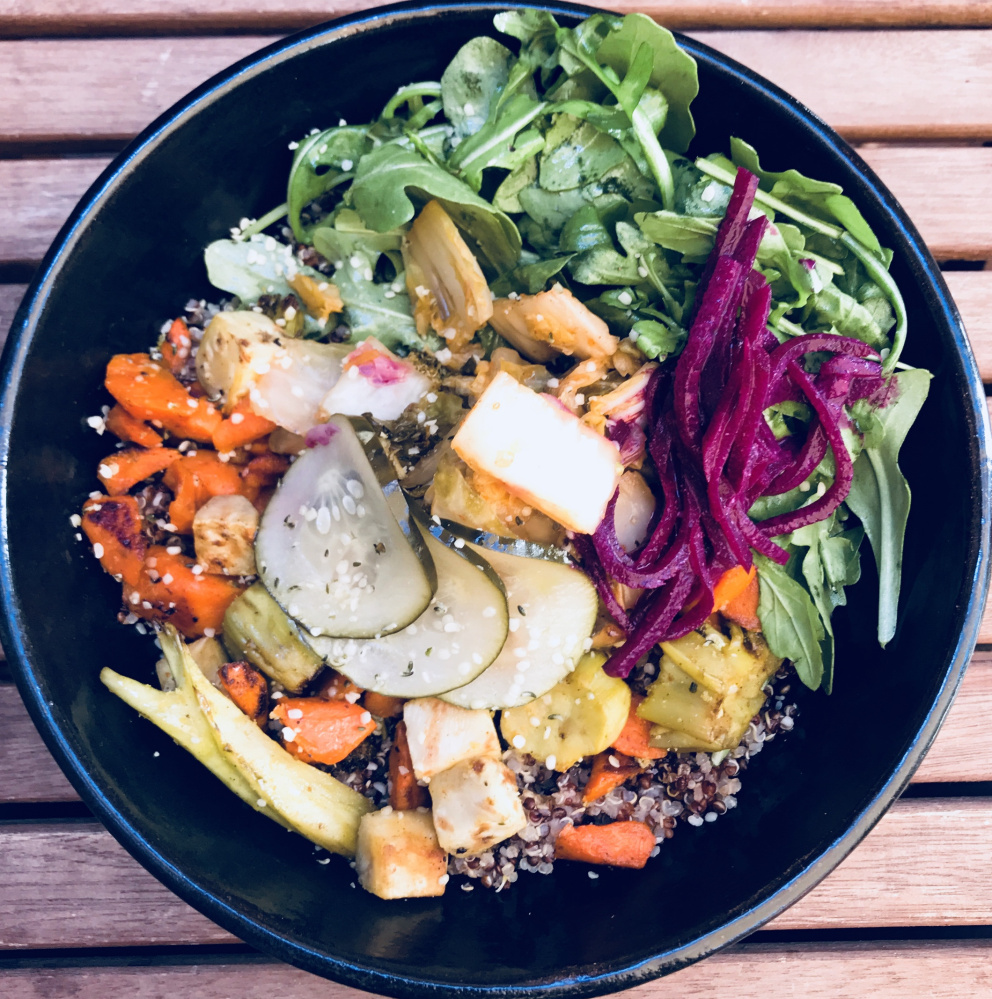 The All the Vegetables bowl at LB Kitchen in Portland is composed of quinoa or farro, seasonal vegetables, pickled beets, sauerkraut and an option to add turmeric grilled tofu.
