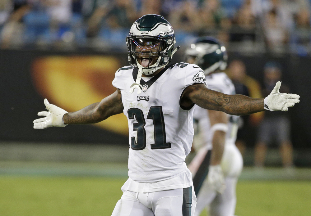 Philadelphia's Jalen Mills reacts after the Eagles stopped the Carolina Panthers on fourth down late in the second half in Charlotte, N.C., on Thursday. The Eagles held on for a 28-23 win.