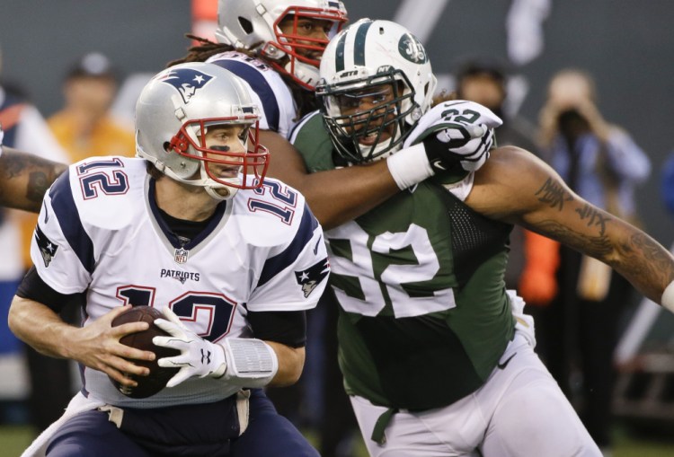 Defensive lineman Leonard Williams, right, and the Jets defense are confident they can get to New England Patriots quarterback Tom Brady in Sunday's game. And it might happen. Brady has been sacked 16 times through five games after going down just 15 times in 12 games a season ago.