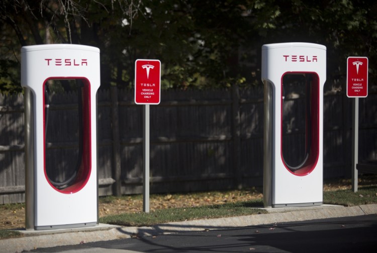 These are two of the new Tesla Superchargers in the L.L. Bean parking lot off Justin's Way in Freeport. The electric-vehicle charging station will include eight Tesla Superchargers and eight more plugs for all other makes. Mac McKeever, a spokesman for L.L. Bean, acknowledged the public relations value, but said the charging station is "good for the community, good for customers and good for the environment."