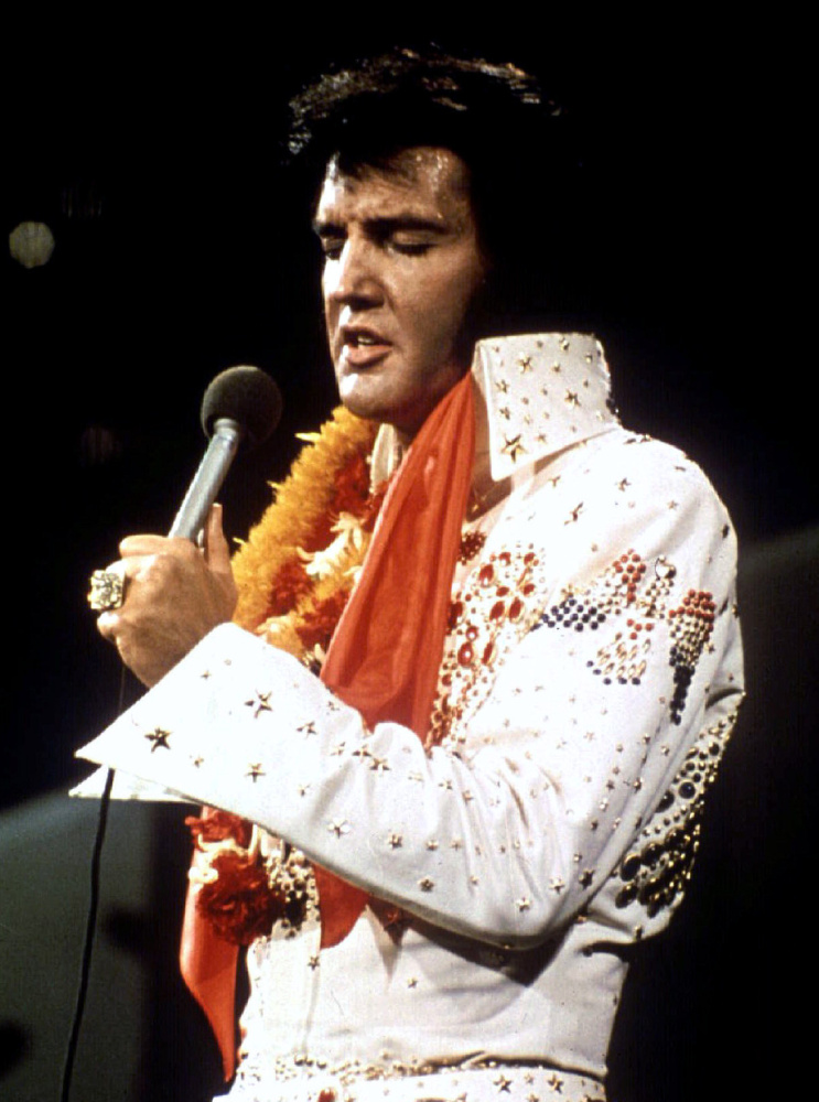 Elvis Presley performs in concert during his "Aloha From Hawaii" television special in 1972.