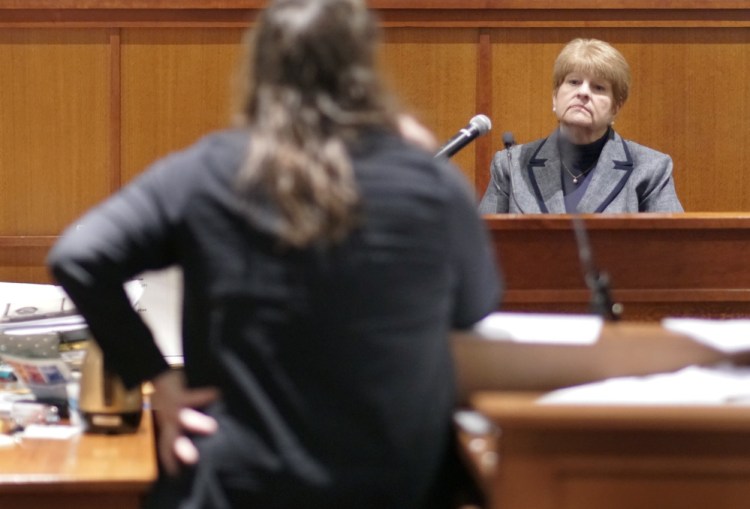 Attorney Amy Fairfield questions former Assistant Attorney General Pamela Ames, the lead prosecutor in Anthony Sanborn's 1992 trial, Friday at the Cumberland County Courthouse.