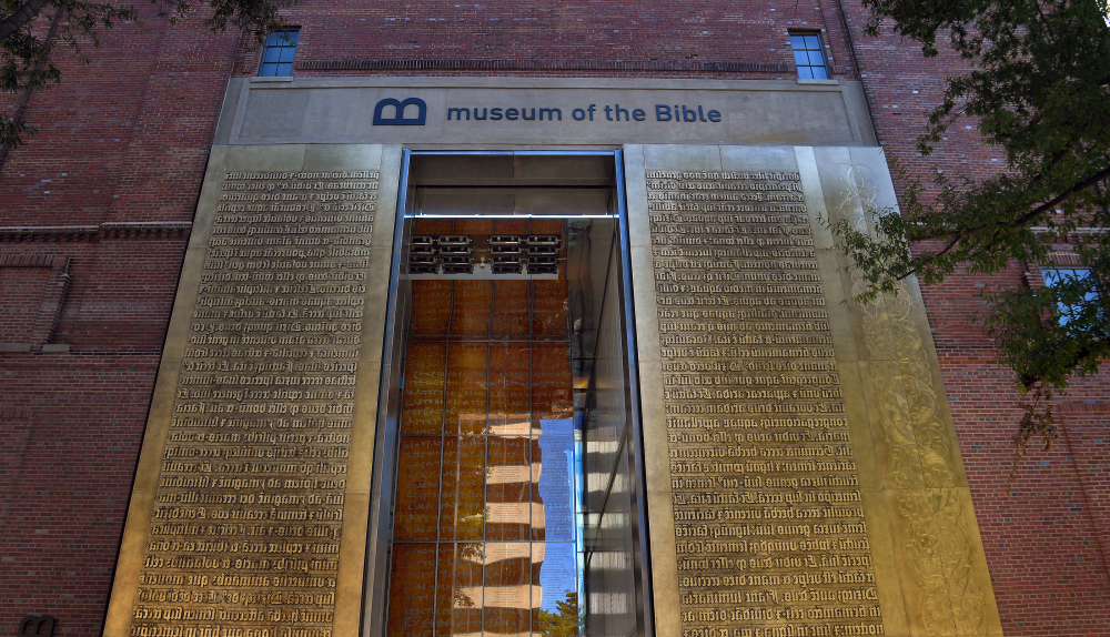 The entrance to the Museum of the Bible features relief lettering of Scriptures in Latin.
At left, the children's area under construction. The museum's avoidance of controversial topics surprises some, considering its Hobby Lobby sponsorship.