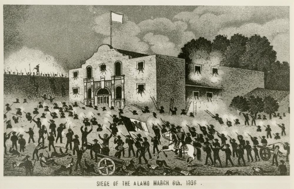 This undated historical image shows the drawing "Siege of the Alamo, March 6th, 1836."