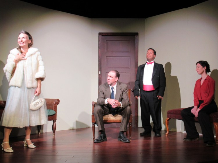 Mary Fraser as Estelle, Josh Brassard as Cradeau, Danny Gay as Valet and Allison Kelly as Inez in "No Exit," part of Pie Man Theatre's "An Evening in Hell."