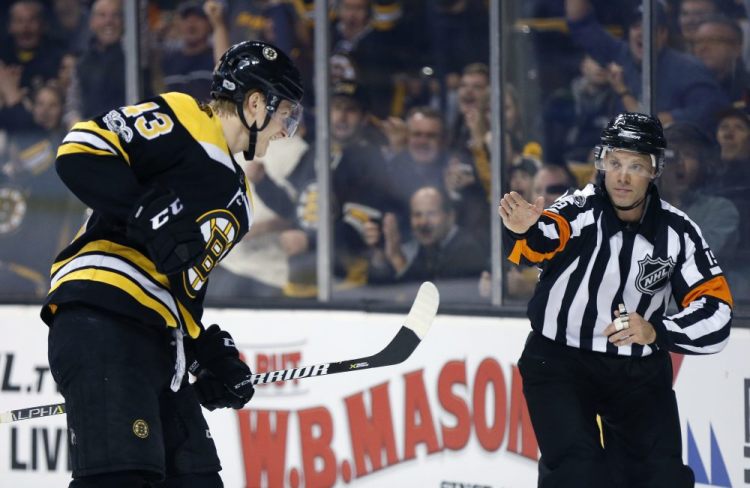 Boston's Danton Heinen celebrates his goal during the second period of Thursday night's game against the San Jose Sharks in Boston.