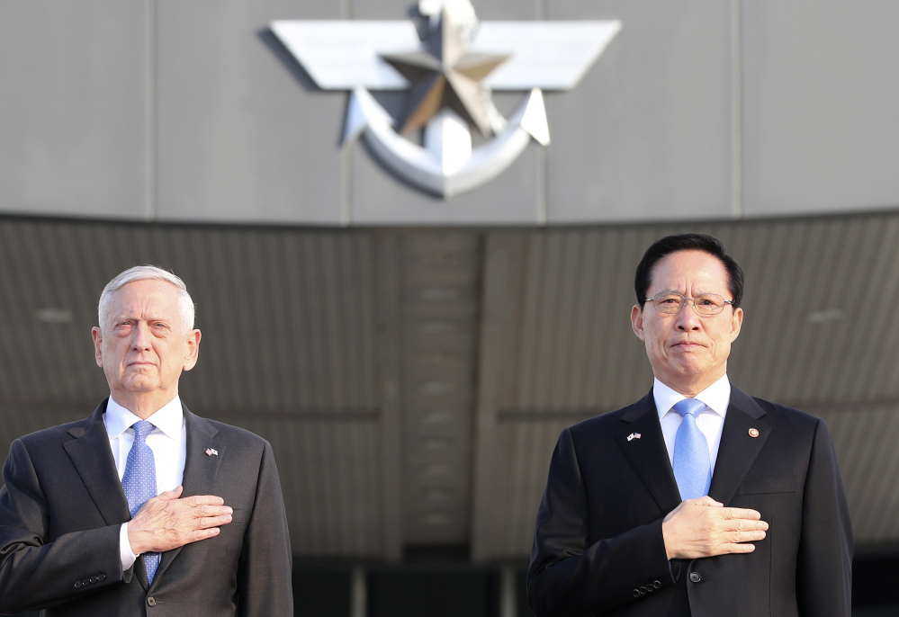 Defense Secretary Jim Mattis and South Korean Defense Minister Song Young-moo appear at a welcome ceremony at the Defense Ministry in Seoul, South Korea, on Saturday.