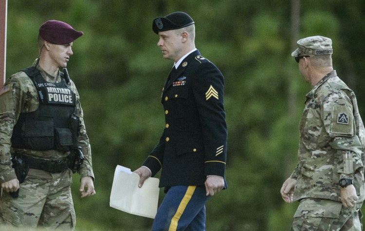 Sgt. Bowe Bergdahl arrives at court on Monday. "It was never my intention for anyone to be hurt," he said of those who searched for him after he walked off his post.