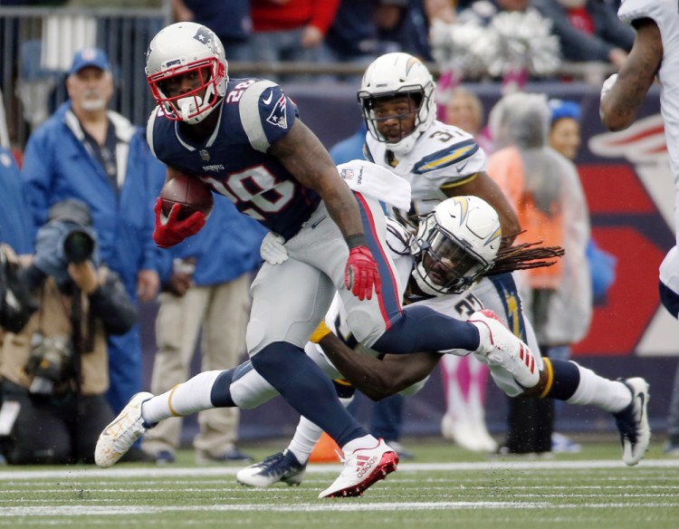 Patriots running back James White caught five passes for 85 yards as New England relied heavily on its running backs in the passing game against the Chargers' defense.