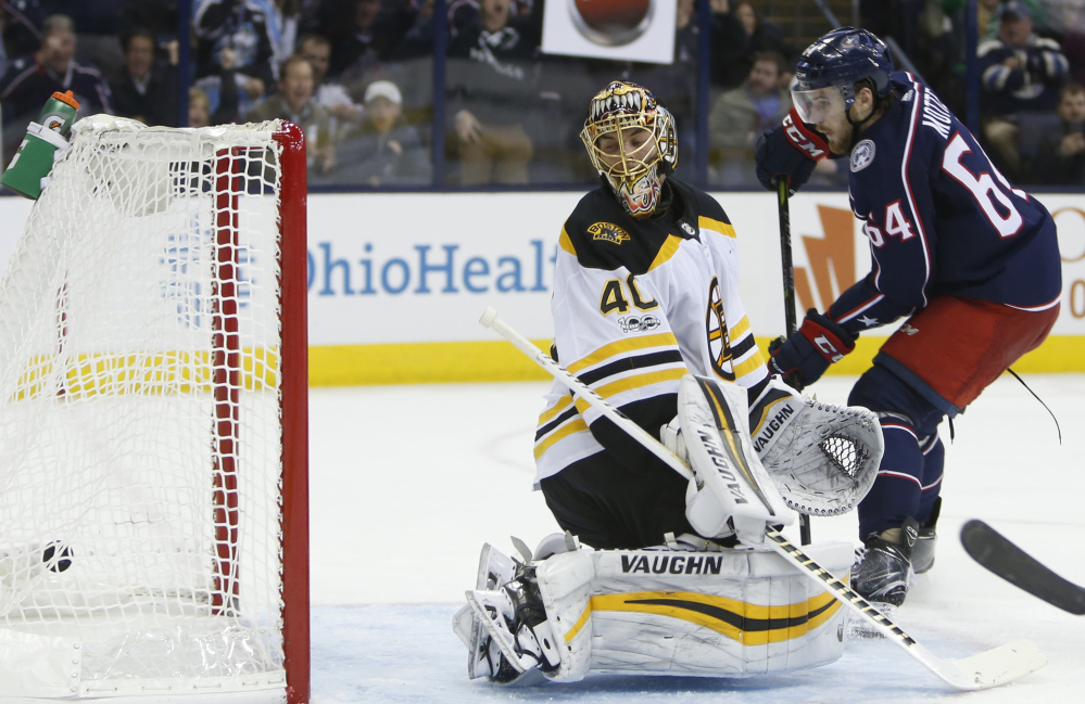 The Blue Jackets' Tyler Motte scores on Bruins goalie Tuukka Rask in the second period of Monday night's game in Columbus, Ohio.