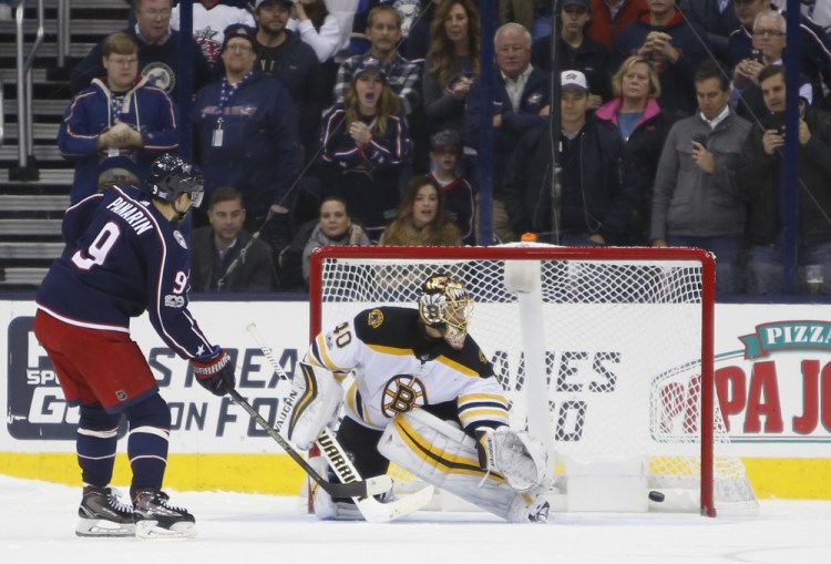 Columbus' Artemi Panarin scores against Tuukka Rask in the shootout to give the Blue Jackets the win.