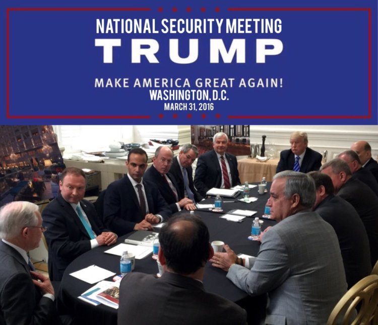 In this photo from President Trump's Twitter account, George Papadopoulos, third from left, sits at a table with then-candidate Trump and others at what is labeled at a national security meeting in Washington that was posted on March 31, 2016. Papadopoulos, a former Trump campaign aide belittled by the White House as a low-level volunteer was thrust Monday to the center of special counsel Robert Mueller's investigation, providing evidence in the first criminal case that connects Trump's team and intermediaries for Russia seeking to interfere in the campaign.