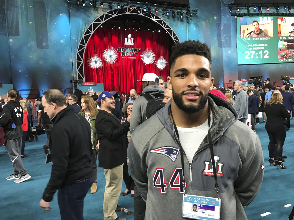 Trevor Bates poses for a photo during opening night ceremonies for the Super Bowl in Houston. Bates was signed to the New York Giants practice squad Tuesday.