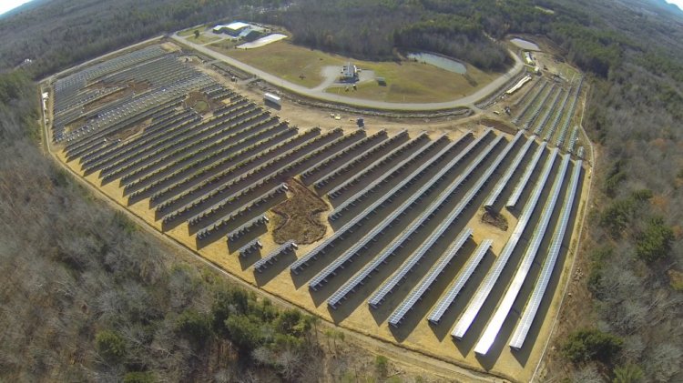 An aerial view of the 26,000-panel solar array spread over more than 20 acres at the Madison Business Gateway.