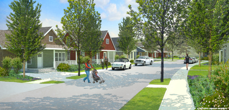 An architects' rendering of a potential middle-income housing development proposed for town-owned land in Cumberland, Maine. 