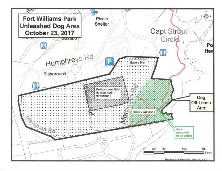 Under a proposal being considered for Fort Williams Park in Cape Elizabeth, the shaded space at right would be added to the area where off-leash dogs are allowed, while the athletic fields at the center would be off limits to all dogs for most of the year.