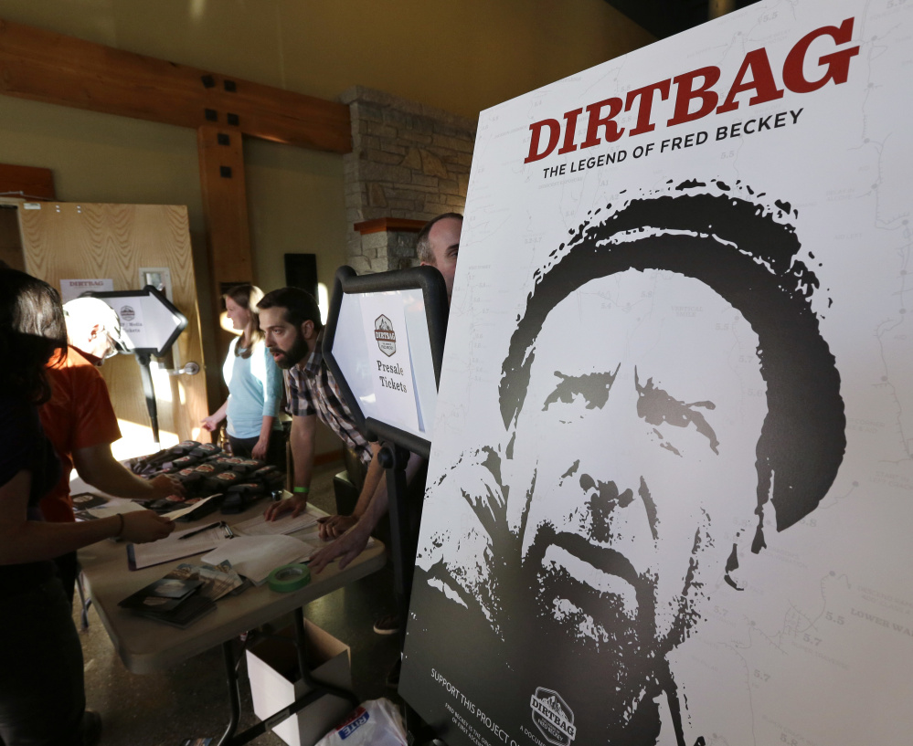 A poster for "Dirtbag: The Legend of Fred Beckey," a documentary feature film about his life, is displayed at a promotional event for the film in Seattle. Beckey, 94, was a legendary mountain climber who achieved more first ascents than any other mountaineer and wrote the definitive guidebooks to a major North American mountain range.