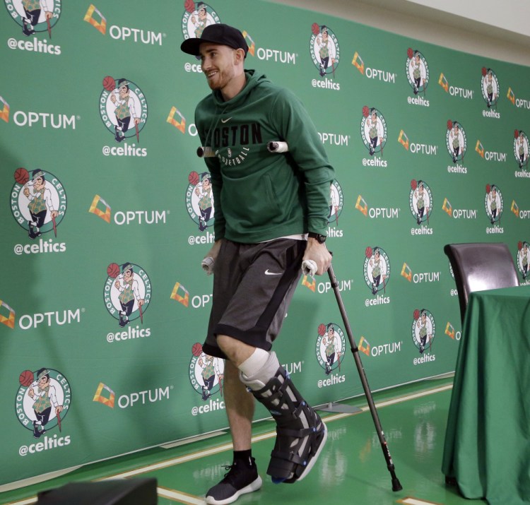 At the end of the day, said Gordon Hayward, "it's a basketball injury and people are going through way, way worse." Hayward, who suffered a broken tibia and dislocated ankle in his debut with the Boston Celtics, said Thursday he has no timetable on his return.