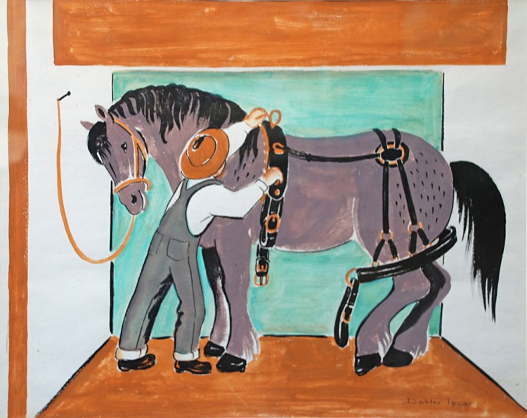 "Harnessing Betty" is the cover image for "One Horse Farm" by Dahlov Ipcar, which was published in 1950 and remained in print for more than 30 years.