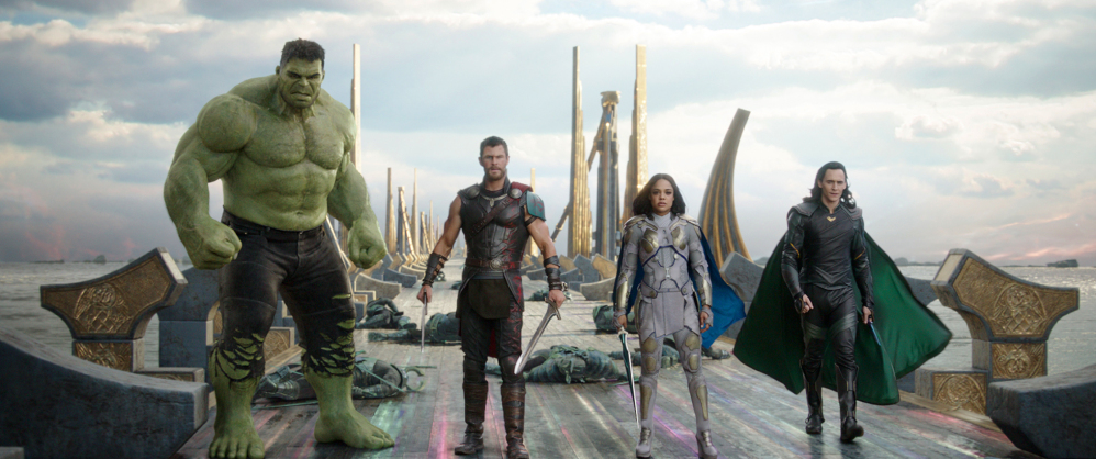 From left, the Hulk, Chris Hemsworth as Thor, Tessa Thompson as Valkyrie and Tom Hiddleston as Loki in a scene from the movie "Thor: Ragnarok."