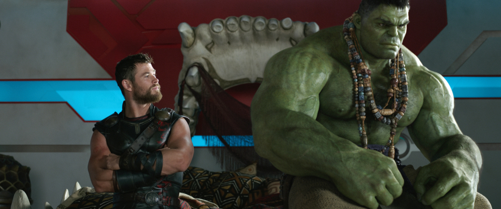 Chris Hemsworth, left, and the Hulk are shown in a scene from "Thor: Ragnarok."