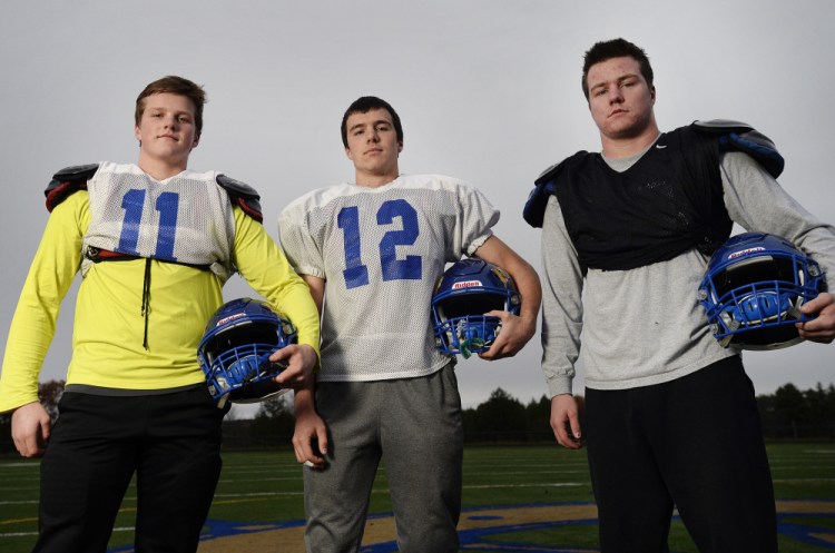 The Allen brothers – left to right are Shane, Josh and Coleman – are hard-hitting linebackers for a Falmouth team that will take on Marshwood for the Class B South title.