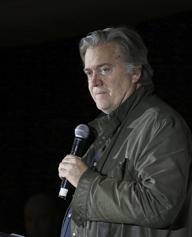 Steve Bannon, the former chief strategist to President Trump, speaks during an event in Manchester, N.H.