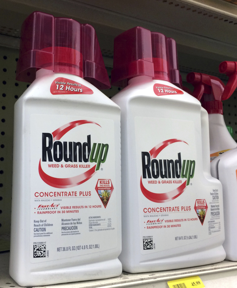 A file photo shows containers of Roundup weed and grass killer, a Monsanto brand, on a shelf at a hardware store in Los Angeles.