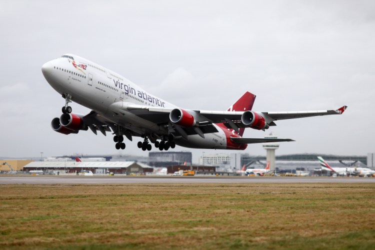 A Boeing 747 takes off at London Gatwick Airport in Crawley, U.K. United and Delta are retiring their 747 fleets.
