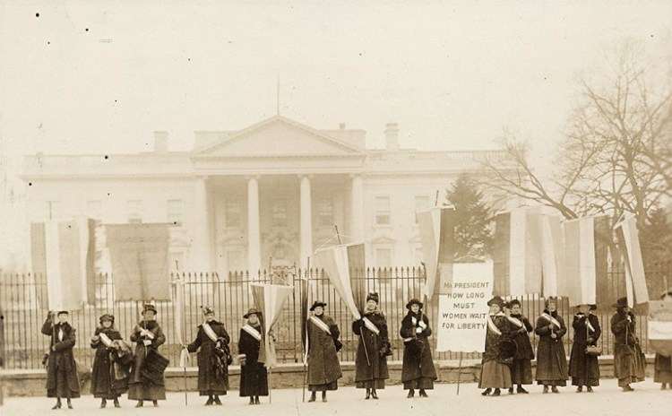Suffragists picket the White House in 1917. Their years of protest and pressure paid off in 1920, when women were granted the right to vote – the only right explicitly granted to women in the U.S. Constitution.