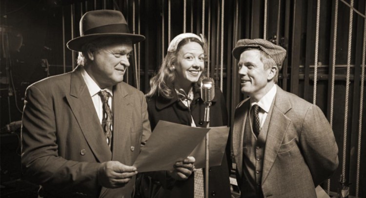 Daniel Noel, left, Emma O'Donnell and Dustin Tucker rehearse "It's a Wonderful Life" at Portland Stage Company.
