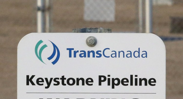 A sign for TransCanada's Keystone pipeline facilities stands in Hardisty, Alberta, Canada.