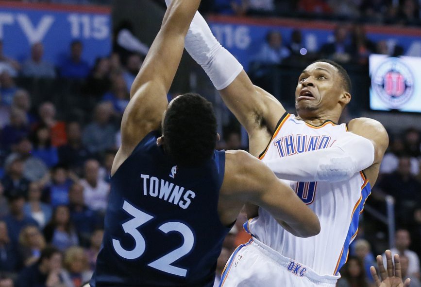 Russell Westbrook, right, continues to play at a high level overall for the Oklahoma City Thunder after an MVP season, but is averaging just 5.4 points in the fourth quarter compared with 10 points a year ago.