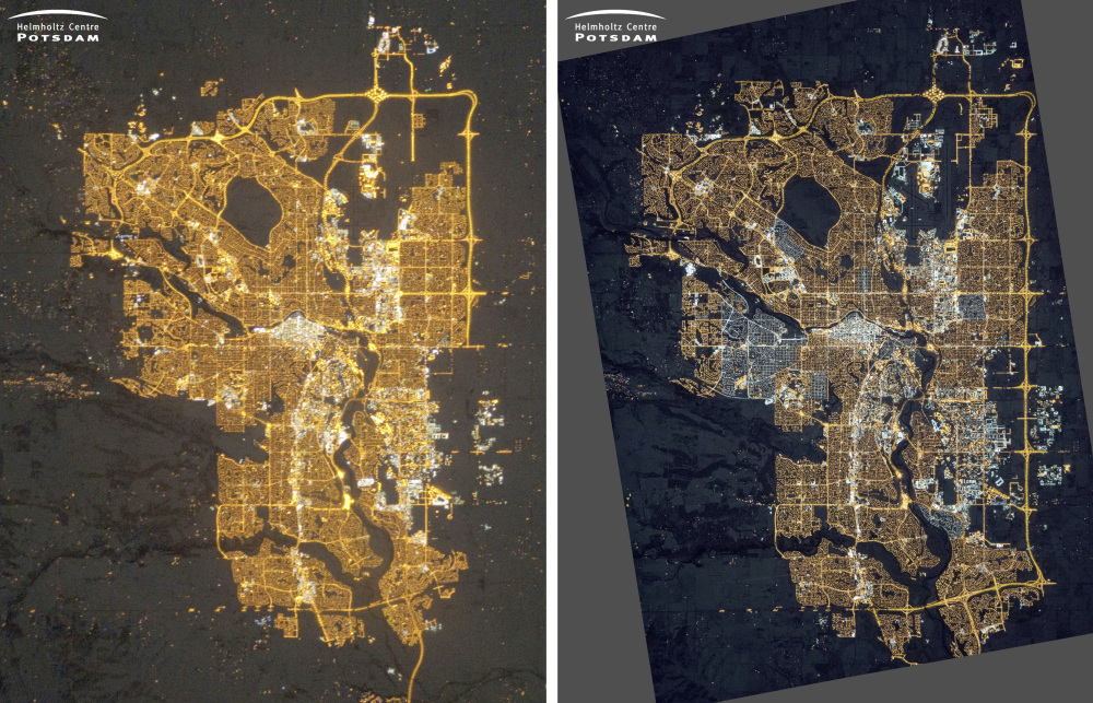 NASA images of Calgary, Alberta, Canada, taken from the International Space Station on Dec. 23, 2010, left, in residential areas, and on Nov. 27, 2015,