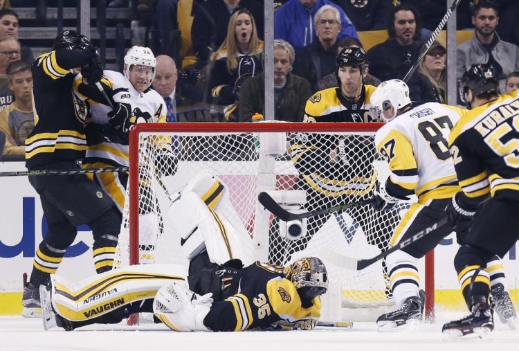 Pittsburgh's Sidney Crosby moves to score on Boston Bruins goalie Anton Khudobin during the second period Friday at TD Garden in Boston. (AP Photo/Michael Dwyer)
