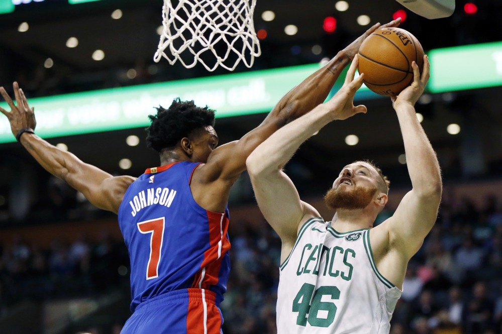The Celtics' Aron Baynes gets a shot blocked in the first quarter.