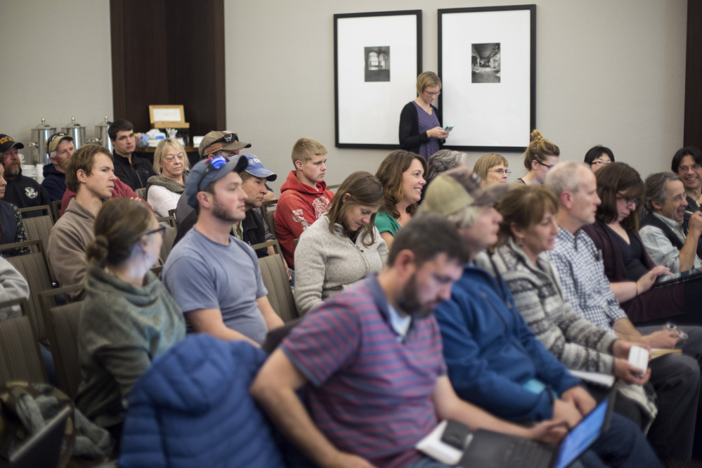 People who filled the meeting room Wednesday listen as regulators debate whether to continue a moratorium on shrimp fishing in the Gulf of Maine in 2018. Scientists said the survival of younger shrimp has been "low to extremely poor" for seven straight years.