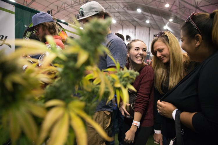 Aubrey Graves, center, waits in line with Audrey Riddle and Adrian Allen to smell 10 different strains of marijuana at the Grass Monkey kiosk within the NECANN conference last month at the Portland Sports Complex. Marijuana tourism could soon become a booming industry in Maine.