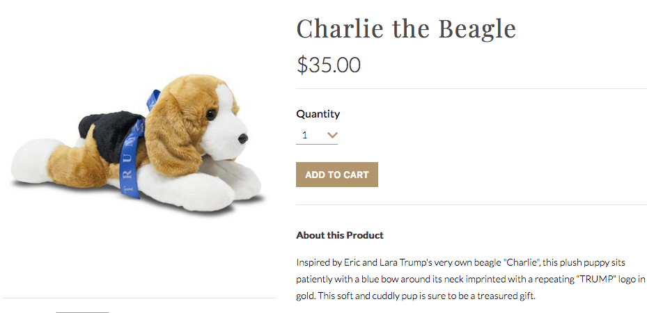 A screenshot from the TrumpStore.com website shows "Buddy the Beagle," selling for $35 and described as "decorated in the USA." 
