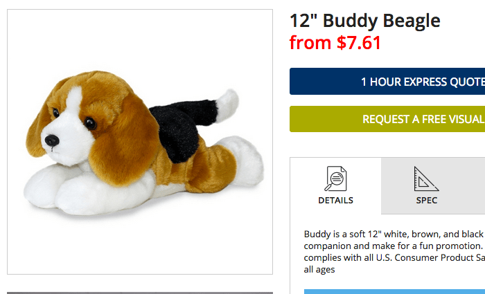 A screenshot from EverythingBranded.com, an online wholesaler, shows a similar stuffed dog toy available for $7.61.