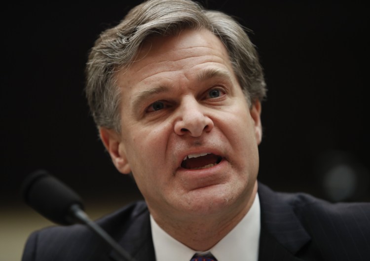 FBI Director Christopher Wray testifies during a House judiciary committee hearing on Capitol Hill in Washington on Thursday on oversight of the Federal Bureau of Investigation.