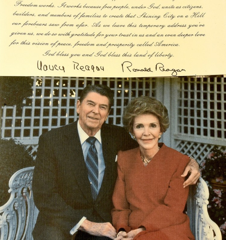 A holiday greeting card and note from former President Ronald Reagan and his wife, Nancy, are part of a collection of holiday greetings sent to former U.S. Sen. Margaret Chase Smith on view at the Margaret Chase Smith Library in Skowhegan on Thursday.