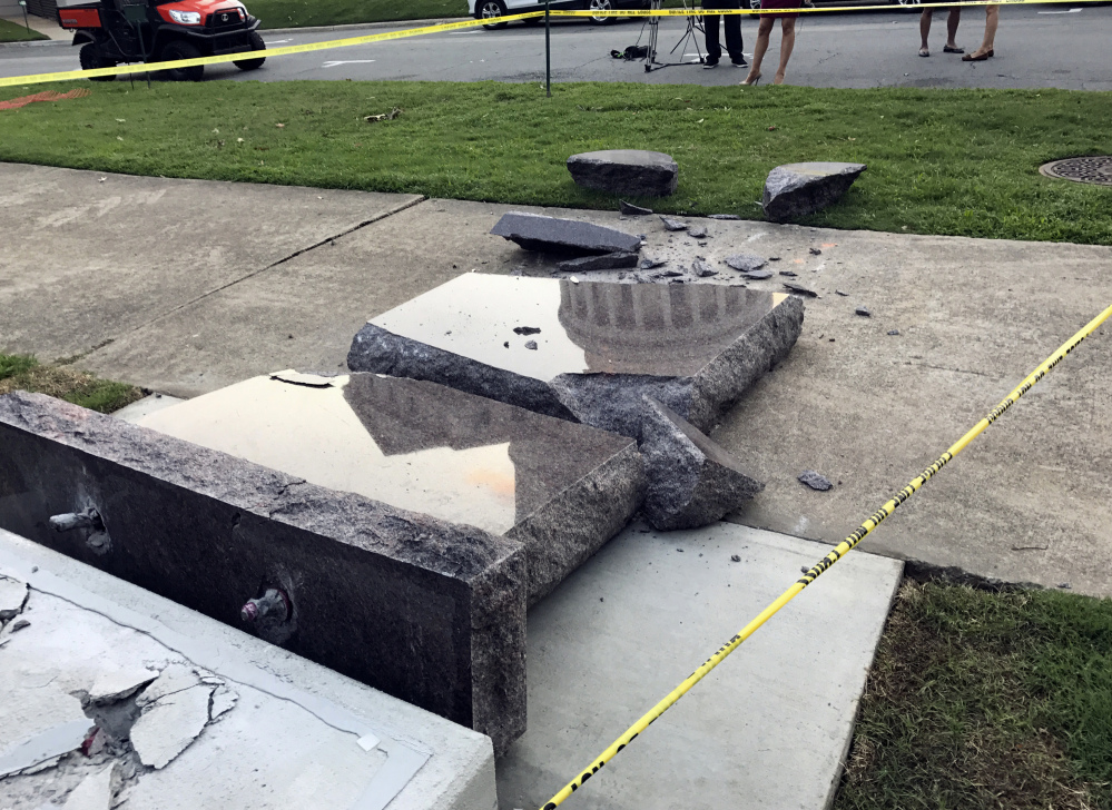 A Ten Commandments monument outside the state Capitol in Little Rock, Ark., lies in pieces after a man drove a car into it. He has been found mentally unfit for trial.