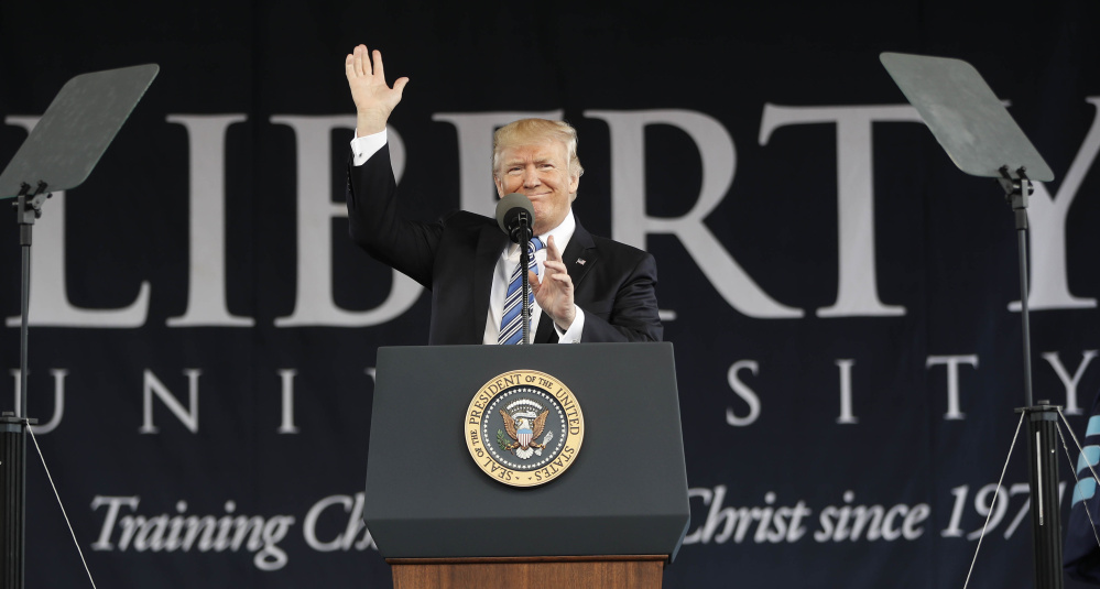 President Trump gives the commencement address for the Class of 2017 at Liberty University in Lynchburg, Va., last May. Conservative religious groups have been pushing Republicans to ease rules barring churches from engaging in politics.