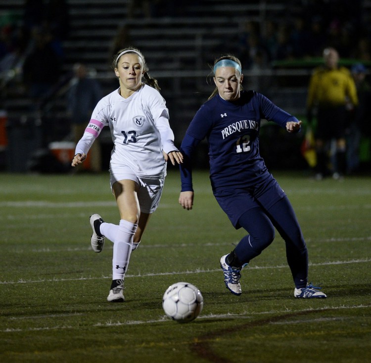 Sara D'Appolonia, left, factored in 58 of Yarmouth's 93 goals this season, including scoring during the 9-0 victory against Presque Isle that wrapped up the state championship for the Clippers last month.