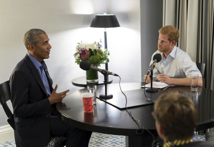 Britain's Prince Harry interviews former President Barack Obama as part of his guest editorship of BBC Radio 4's "Today" program, which is to be broadcast on Dec. 27. The interview was recorded in Toronto in September.