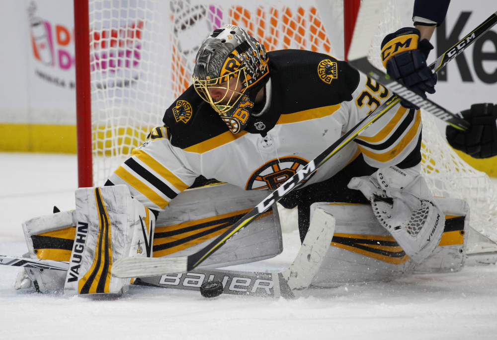 Bruins goalie Anton Khudobin (35) makes a save during the first period. Associated Press/Jeffrey T. Barnes