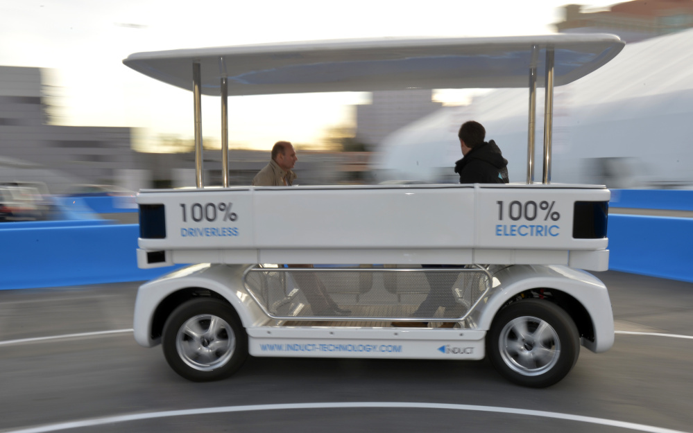 A driverless shuttle is previewed in Las Vegas in 2014. The technology behind vehicles like this has progressed rapidly and could be on the streets close to home in the next few years.