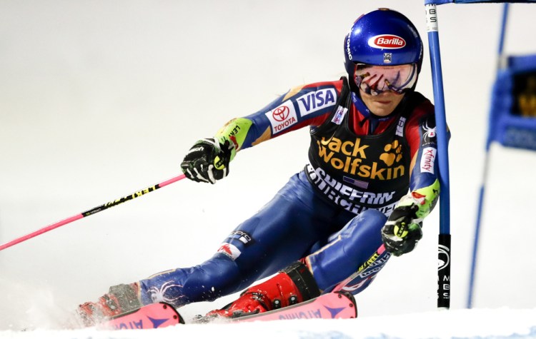 U.S. skier Mikaela Shiffrin competes during a parallel slalom event in Courchevel, France, on Wednesday. Shiffrin won the race, which was making its World Cup debut.
